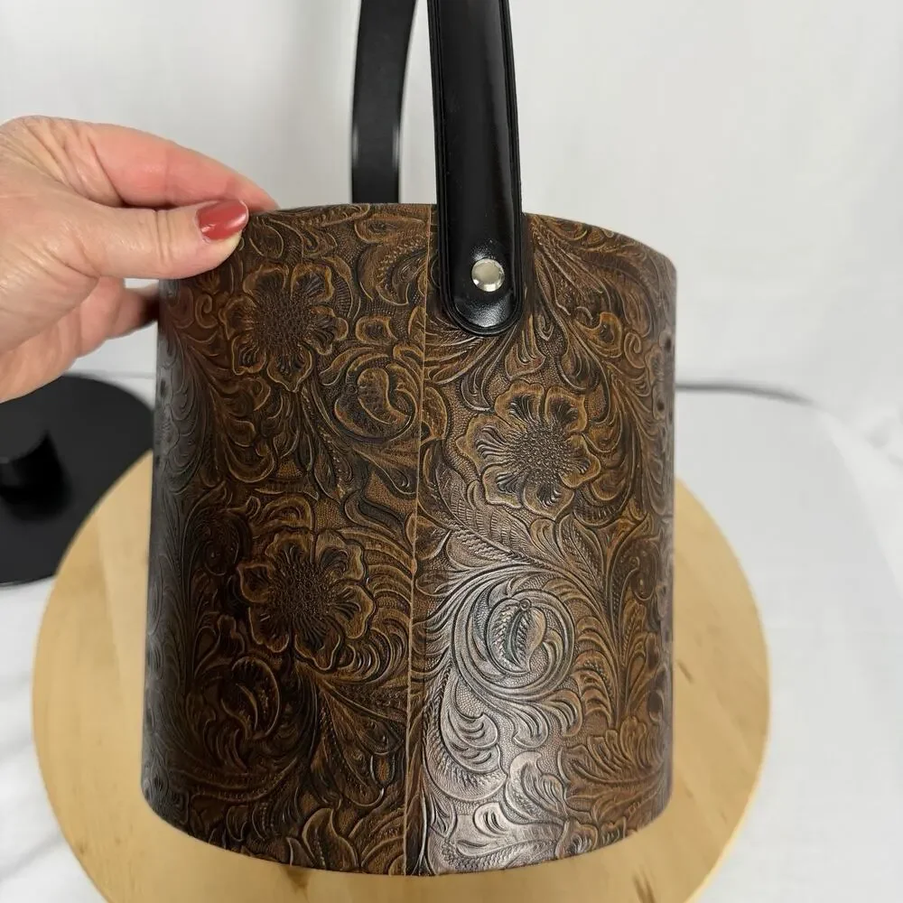 Vintage MCM Irvinware Brown Tooled Embossed Faux Leather Ice Bucket Western